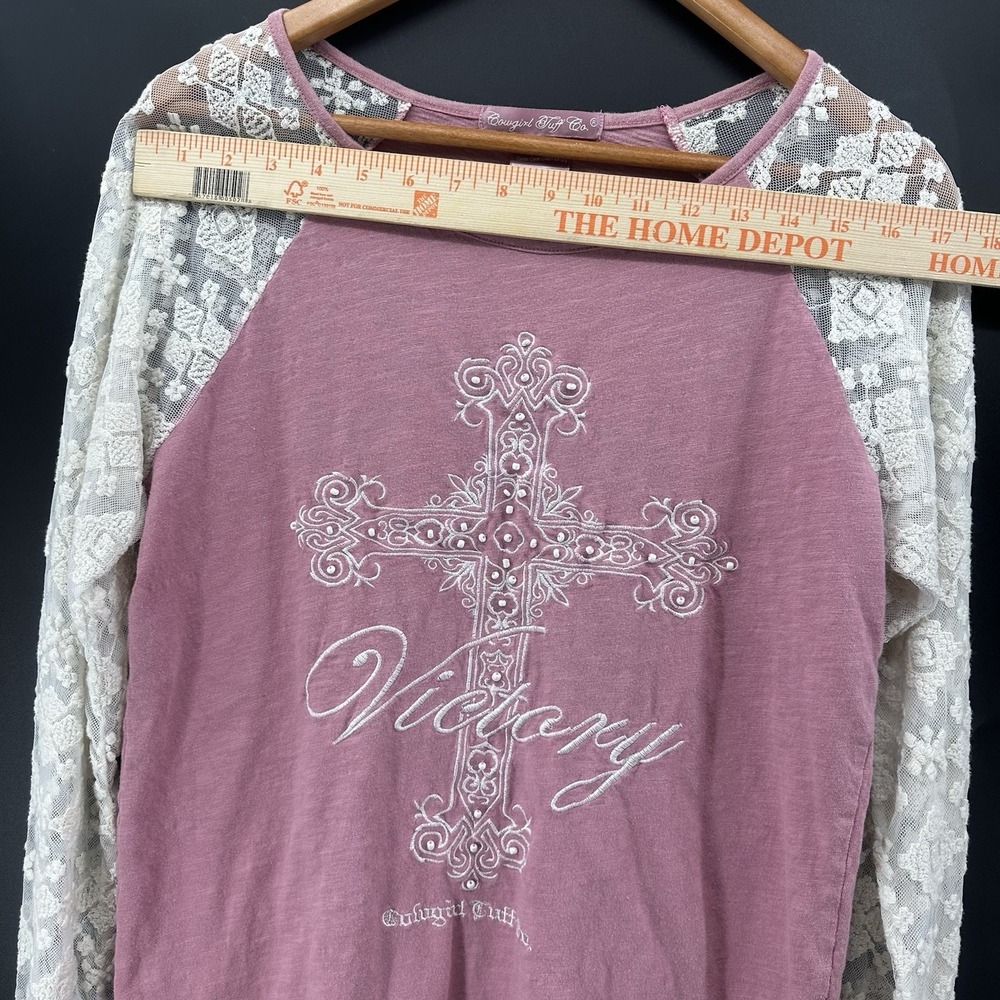 Cowgirl Tuff Co Victory Cross Lace Sleeve Western Top Womens M Pink Boho SS35 - Picture 4 of 12